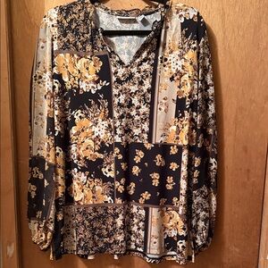 Susan Graver Patchwork Floral Long-Sleeve Tunic in Black and Mustard
